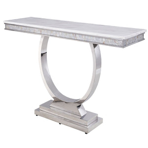 English Elm White Cultured Marble Sofa Table with Mirrored Silver Stainless Steel Frame, 63.5" Wide Elegance B062S00457