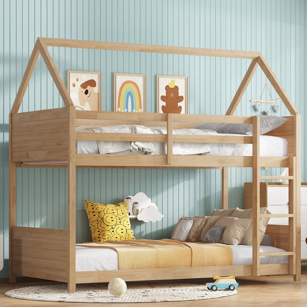 English Elm Twin House Floor Bunk Bed – Charming Rubberwood Design With Safety Guardrails, Ladder & White Oak Finish W504P227973-GIGA