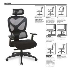 OSP Home Furnishings Mesh Back Ergonomic Manager Chair with Lumbar Support Headrest and Synchro Tilt Control 71142HR-3