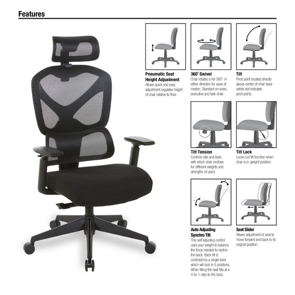 OSP Home Furnishings Mesh Back Ergonomic Manager Chair with Lumbar Support Headrest and Synchro Tilt Control 71142HR-3