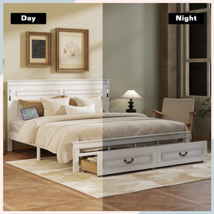 English Elm King Pine Wood Storage Bed with Led Lighting Usb Charging Tall Panel Headboard White W504S00269
