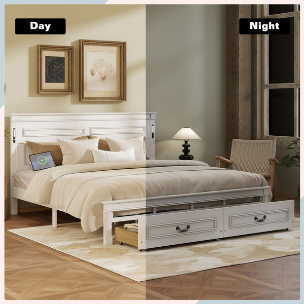 English Elm King Pine Wood Storage Bed with Led Lighting Usb Charging Tall Panel Headboard White W504S00269