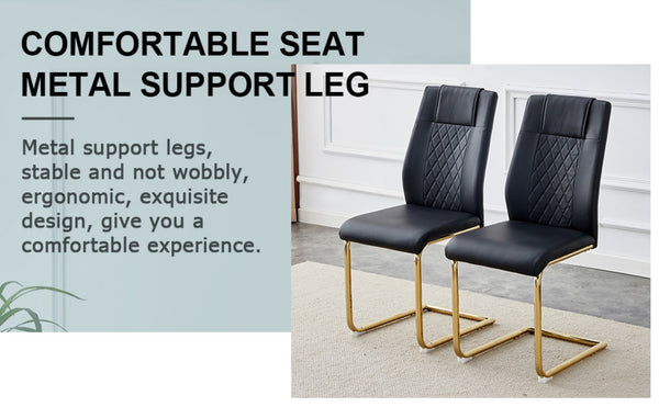 English Elm Table Set With Glass Top & Gold Stainless Steel Legs, 8 Black Pu Chairs For Modern Dining Elegance W1151S04329-GIGA