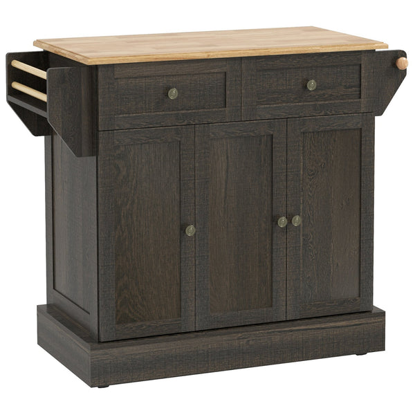 English Elm HOMCOM Butcher Block Kitchen Island on Wheels with 3 Cabinets, Drawers, Towel & Spice Rack, Brown W2225P217420