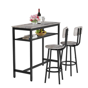 English Elm Bar Pub Table and 2 Stools Set – Space-Saving Grey MDF & Steel Bistro Dining Set for Kitchen, Party Room, Compact Living W578P304319