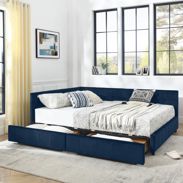 English Elm Queen Size Stylish Tufted Storage Bed Frame In Dark Blue Velvet - Multifunctional Sofa & Bed Combo W487S00279-GIGA