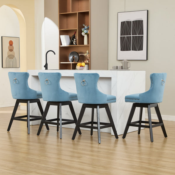 English Elm Swivel Velvet Barstools with Supportive Curved Back, Thick Foam & Spring Seat, 360° Rotation, Sturdy Wooden Frame Light Blue W1143P369089