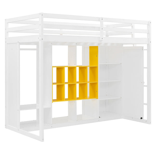 English Elm Twin Loft Bed with Wardrobe Shelves and Cabinet Kids Bedroom Wood Storage Frame Yellow+White N708S00023K