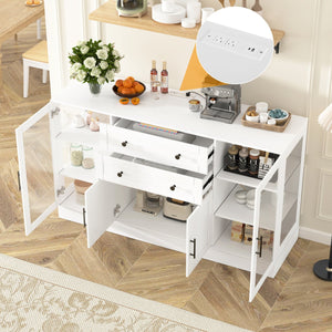 English Elm U-style Modern Buffet Sideboard with Acrylic Doors Power Outlet and Adjustable Storage White N711P437648K