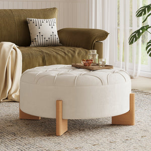 English Elm 32" Round Chenille Ottoman Tufted Footrest with Rubberwood Legs for Living Room Beige N723P405298A