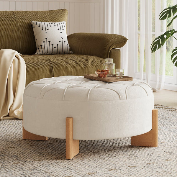 English Elm 32" Round Chenille Ottoman Tufted Footrest with Rubberwood Legs for Living Room Beige N723P405298A
