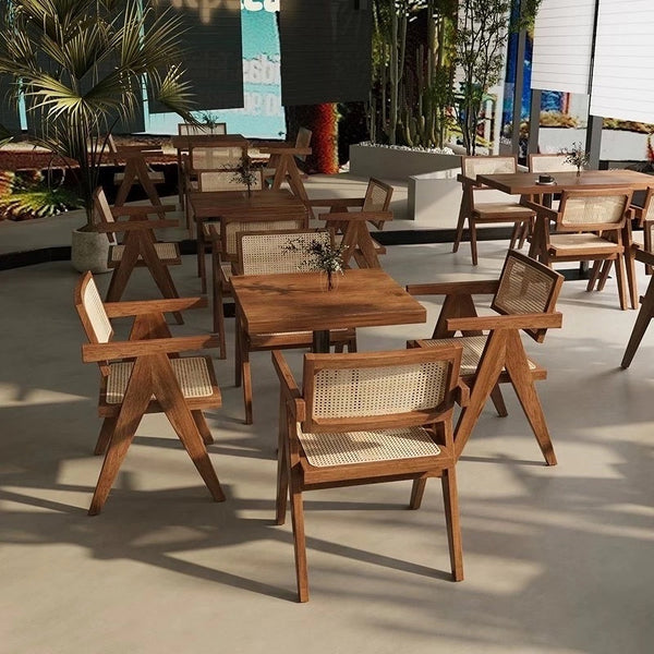 English Elm Modern Mid Century Rattan Dining Chair with Armrests, Walnut Rubberwood, Durable Cozy Accent Seat W3101P340551