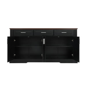 English Elm 63" Fluted Mdf Sideboard with Wood Tone Top Four Doors Three Drawers Dining Storage Black W2917S00010