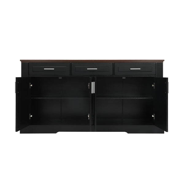 English Elm 63" Fluted Mdf Sideboard with Wood Tone Top Four Doors Three Drawers Dining Storage Black W2917S00010