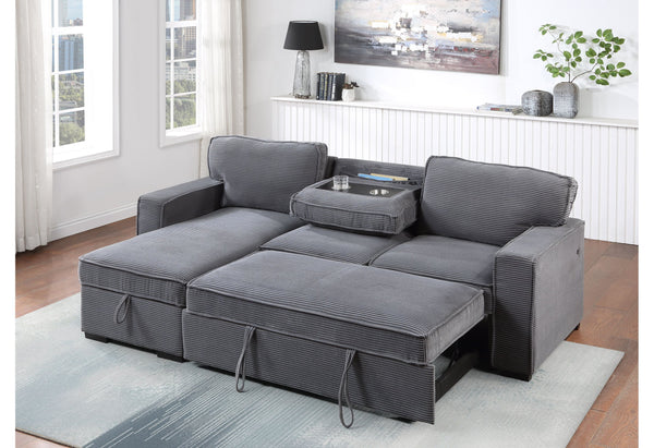 English Elm TERRITORY Light Grey Pull Out Sofa Bed with Flip-Down Cup Holders, Dark Gray Fabric, Modern Wood Frame B201S00325