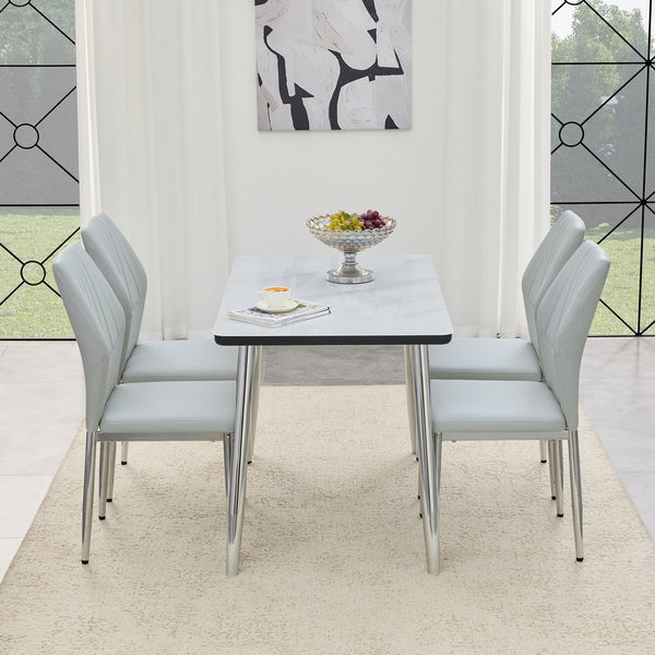 English Elm Table and Chair Set Marble Glass Top with Gray Pu Seating for Modern Dining W1151S04647