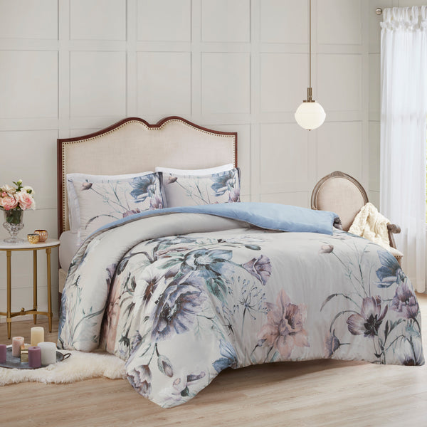 English Elm Full/Queen Cassandra 3-Piece Cotton Printed Duvet Cover Set – Shabby Chic Floral Blue, OEKO-TEX Certified Comfort B03597363