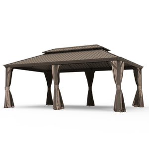 English Elm 14' X 22' Hardtop Gazebo with Drainage System, Dual-Layer Galvanized Roof, Curtains & Mesh Protection Brown W1859S00152