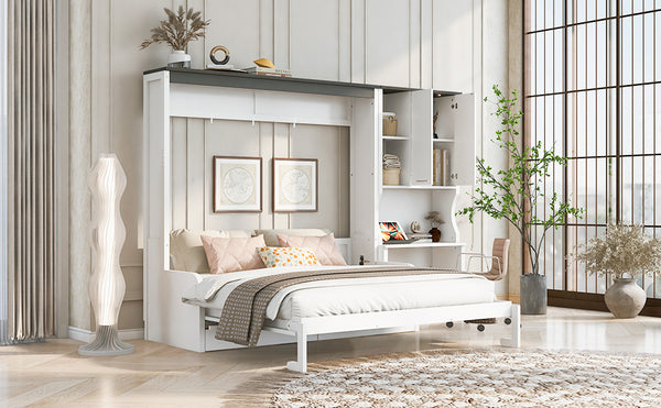 English Elm Multi-functional Queen Murphy Bed with Sofa Desk and Cabinet White Wood Frame N7090000606K-1