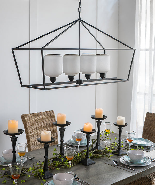 English Elm 41.7x14.2x23.8" Matte Black Iron Chandelier White Glass Panels Industrial Dining Foyer W2078P411229