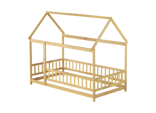 English Elm Twin House Shaped Floor Bed Solid Rubberwood Frame with Guardrails for Kids W504P370545
