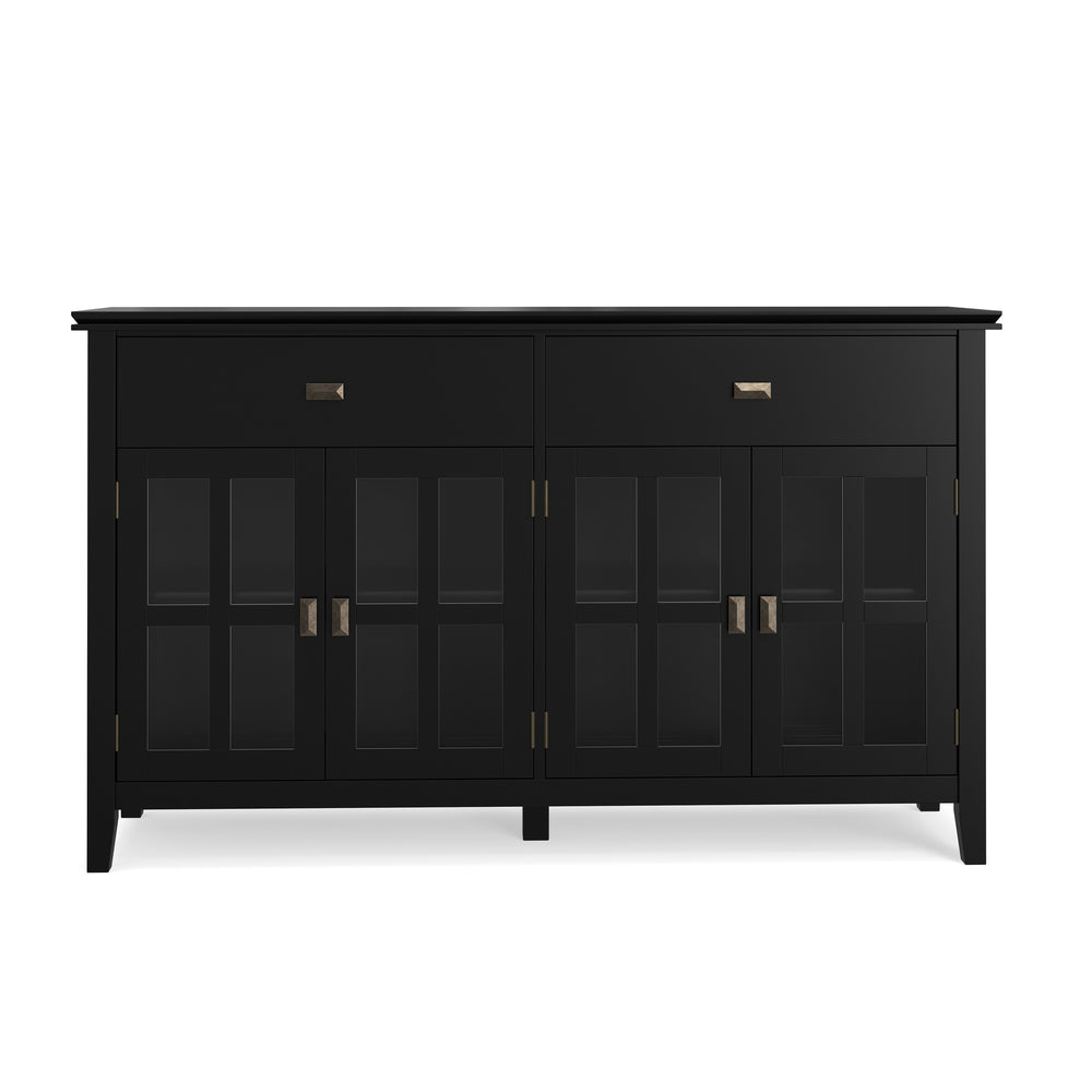 English Elm Artisan Solid Pine Buffet with Glass Panel Doors Matte Black Dining Storage B136P439010