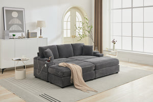 English Elm Corduroy Upholstered Chaise Lounge Sofa with Movable Ottoman, Cup Holder, Deep Seat Comfort Grey W2120S00007