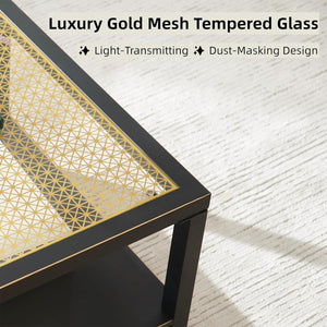 English Elm Industrial Square Coffee Table with Gold Mesh Tempered Glass Top and Matte Steel Legs Black+Gold W3587P456249