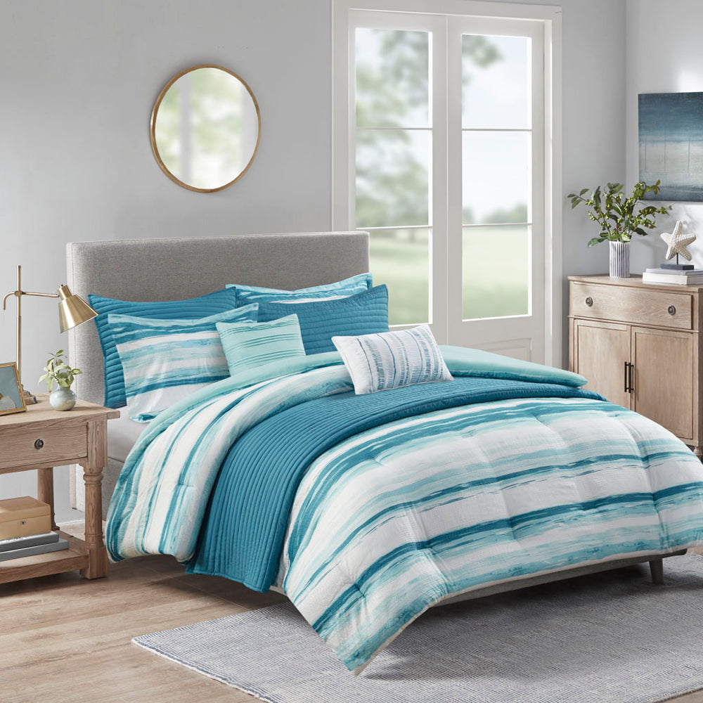 JLA Home Madison Park - 8 Seersucker Comforter and Quilt Set - Coastal Watercolor Stripes, Embroidered Pillows, Lightweight Luxury 92 L x 104 W x 1.5H MP10-7947