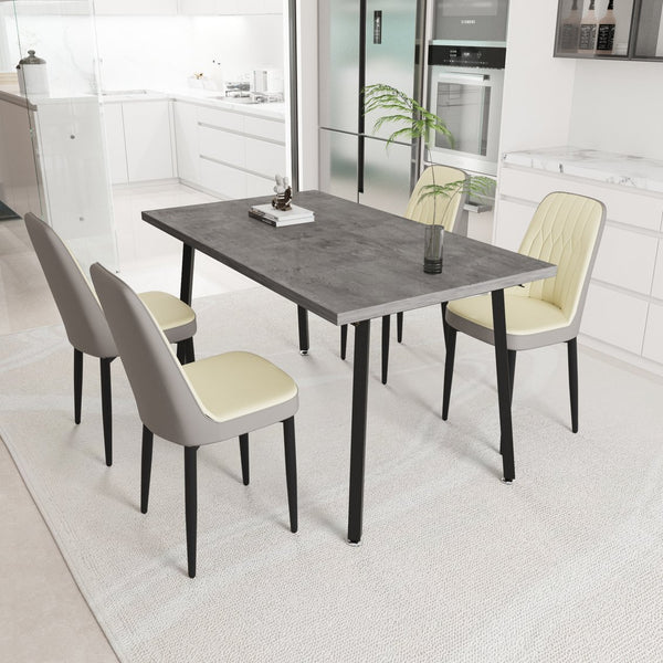 English Elm 55.12-70.87" Expandable Dining Table Set Seats 6 with Pu Upholstered Chairs Black Metal Legs Beige+Grey W2189S00914