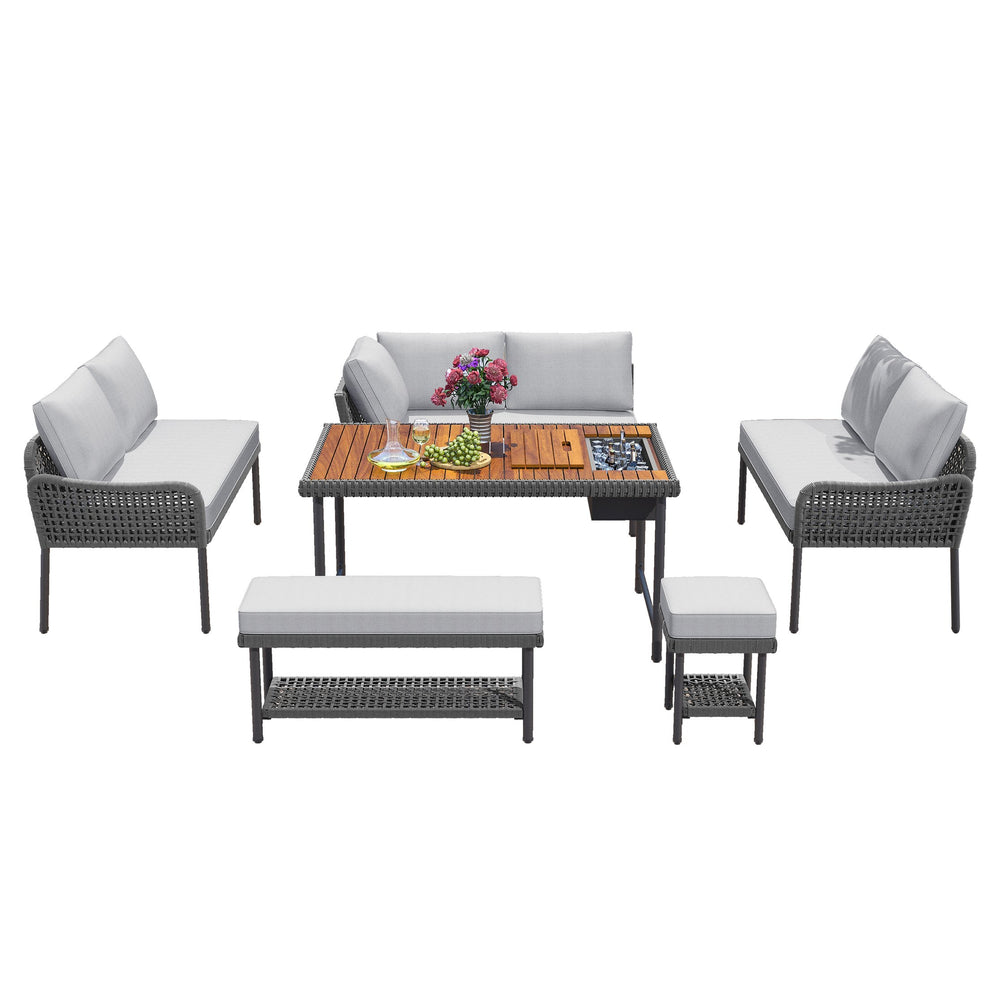 English Elm K&K 6-Piece Rope Patio L-Shaped Sectional Set with Acacia Wood Ice Box Table and Deep Cushions Grey N707S000014G