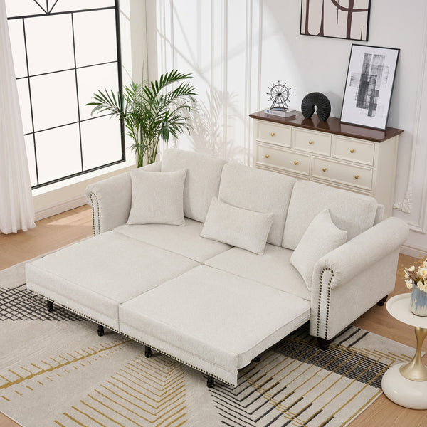 English Elm 86" Chenille Sleeper Sofa with Nailhead Rolled Arms Three Seat Convertible for Any Room Beige W3373S00087