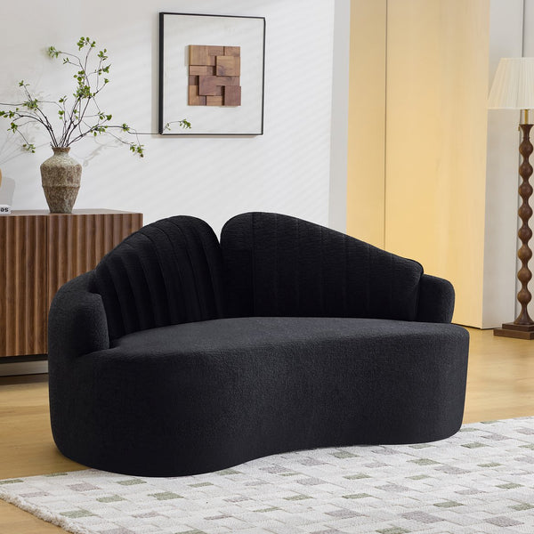 English Elm Curved Two Seat Chenille Sofa Sculptural Wave Design for Studio and Small Living Rooms Black W3612P422593