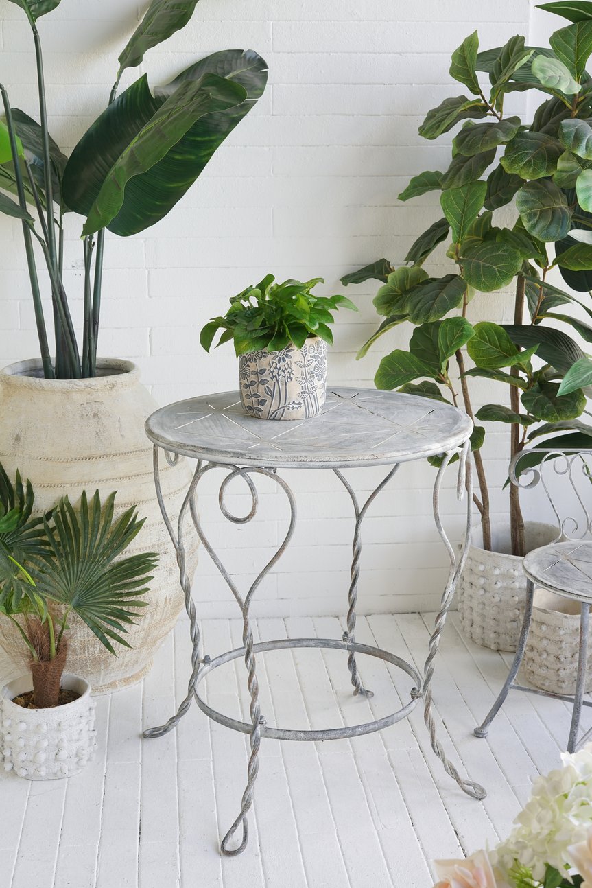 English Elm 26x26x30" Iron Round Side Table Twisted Legs Vintage Silver Shabby Chic Shelf W2078P452864