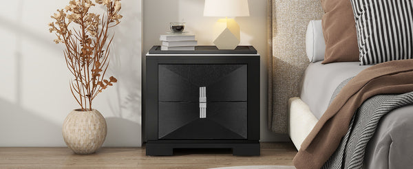 English Elm Mid-century Modern Nightstand with Diamond Geometric Drawers and Heavy Duty Wood Base Black N761P324094B