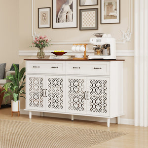 English Elm Vintage Farmhouse Sideboard with Hand-carved Doors Two-tone Distressed Wood Finish W688P360028