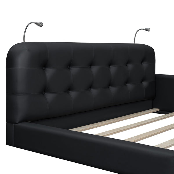 English Elm Queen PU Leather Upholstered Platform Bed with Built-In Dual Reading Lights and Sturdy 600lb Capacity Black SF000186AAB