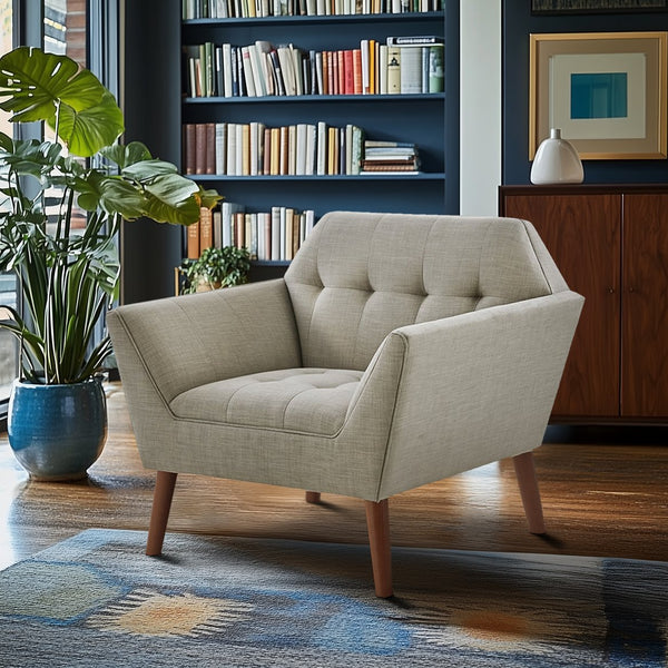 JLA Home INK+IVY - Wide Sculptural Mid-Century Lounge Chair with Hand-Tufted Detail, Durable Woven Upholstery, Solid Wood Legs Light Grey II110-0388