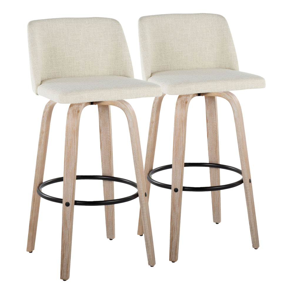 English Elm Fixed-height Barstools Whitewashed Bent Wood Cream Upholstered Seat Black Footrest Pair B202S00666