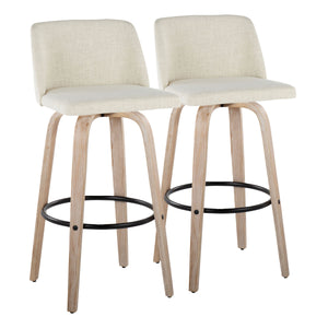 English Elm Fixed-height Barstools Whitewashed Bent Wood Cream Upholstered Seat Black Footrest Pair B202S00666