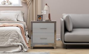 English Elm High Gloss Mirrored 2 Drawer Nightstand Slim Metal Legs Modern Bedroom Side Table Grey W5271P416536