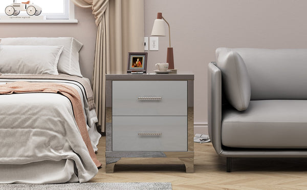 English Elm High Gloss Mirrored 2 Drawer Nightstand Slim Metal Legs Modern Bedroom Side Table Grey W5271P416536