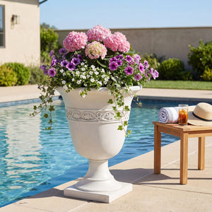 English Elm Classic Handcrafted Outdoor Planter Sculptural Fiberglass Patio Garden Urn for Entryways Antique White N772P406699W