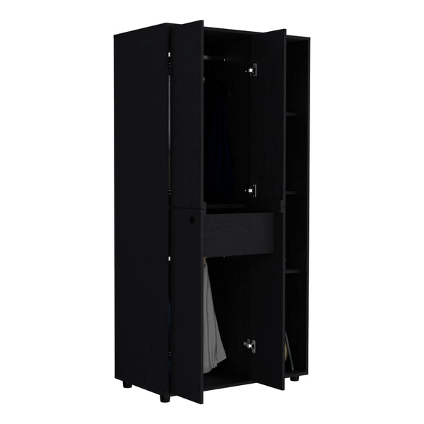 English Elm Misuri Multi-Function Wardrobe Armoire with Double Doors, Drawer, Hanging Rods and Open Shelves Black 73 L x 24 W x 3 H B200S00288