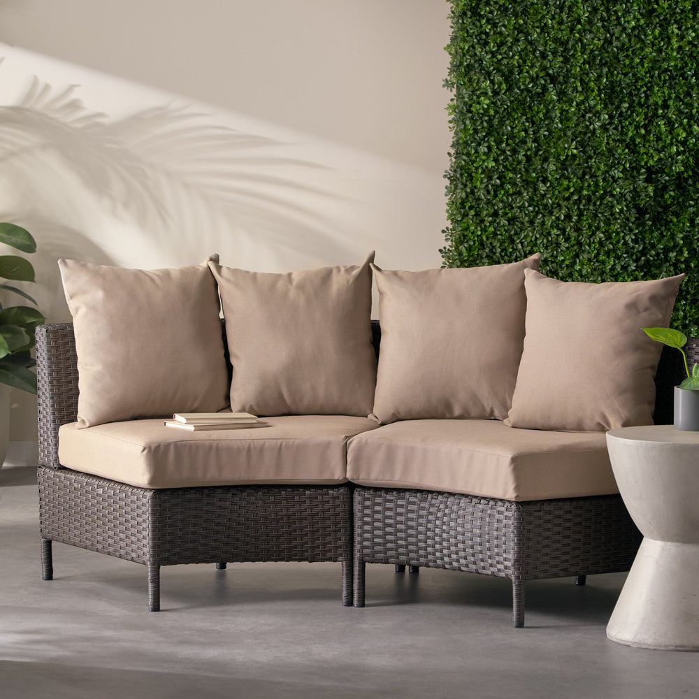 English Elm Christopher Knight Home® - PT LIMON SINGLE SOFA Curved Armless Outdoor/Indoor Faux Rattan Chairs with Water-Resistant Cushions and Heavy-Duty Iron Frame Dark Brown 54786.00