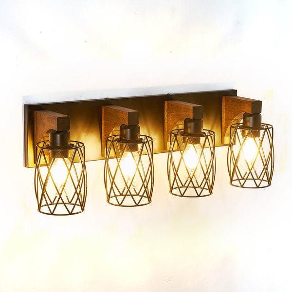 English Elm 4-light Industrial Farmhouse Vanity Bar Wood Backplate Matte Black Cage Bathroom Sconce T3963P458304