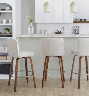 English Elm Fixed-height Swivel Barstools Mid-century Walnut Bentwood Frame Grey Upholstered Set Beige B202S01923