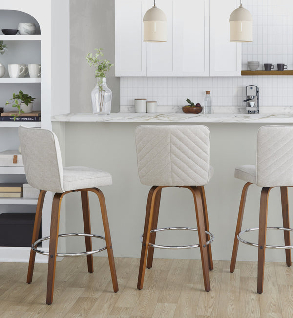 English Elm Fixed-height Swivel Barstools Mid-century Walnut Bentwood Frame Grey Upholstered Set Beige B202S01923
