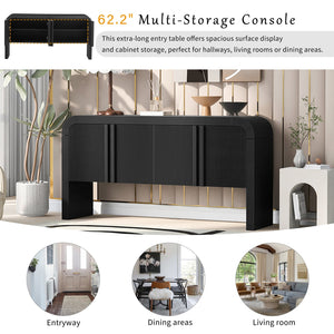 English Elm U_style Wave Door Pine Console Table Sculptural Storage for Entryway or Sofa Black N711P415846B