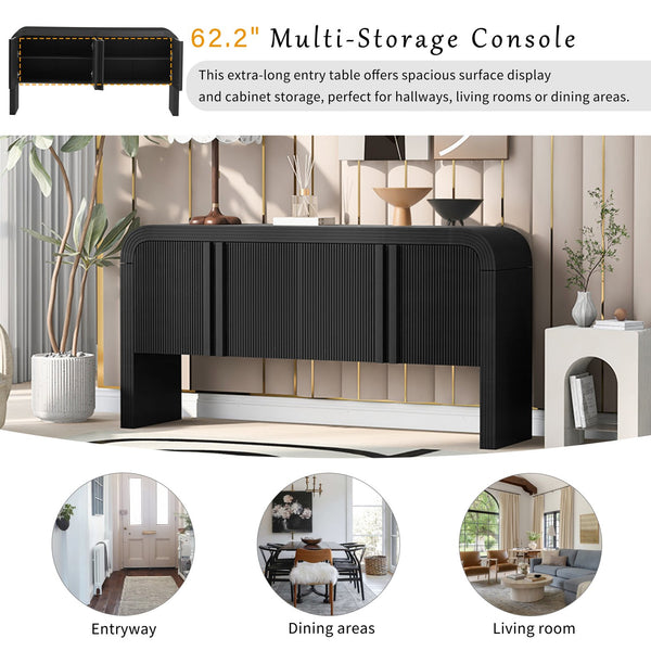 English Elm U_style Wave Door Pine Console Table Sculptural Storage for Entryway or Sofa Black N711P415846B